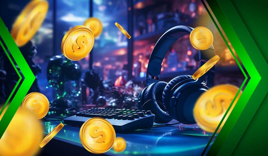 Headset and keyboard on top of money, symbolizing the combination of esports and betting.