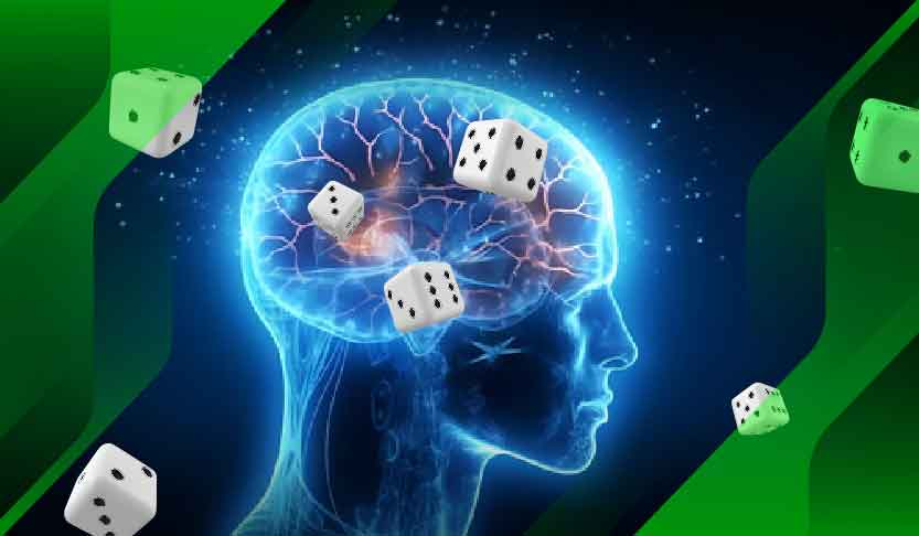 Brain and dice graphic, representing the potential use of skill in sports betting versus the reliance on chance in casino games.