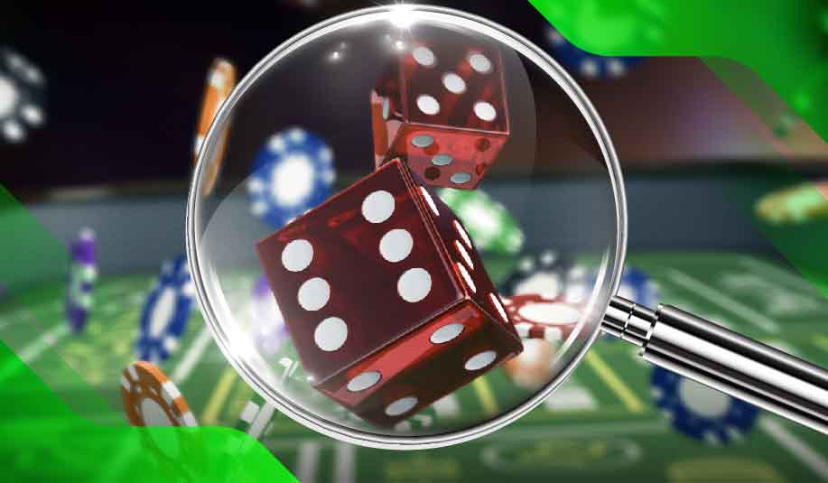 Dice rolling on a craps table with a magnifying glass analyzing their movement, emphasizing the element of chance alongside strategy in some table games..