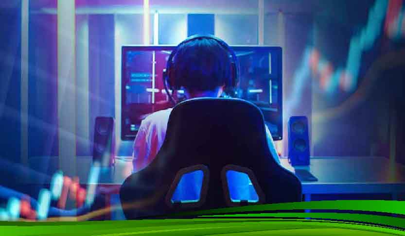 Headset-wearing esports viewer analyzing statistics, suggesting the strategic aspect of esports betting.