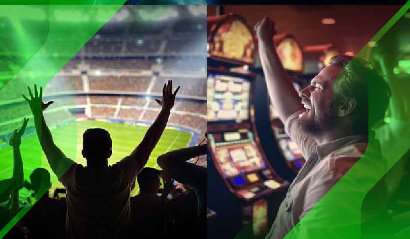Person cheering at a sports game and another person playing slots, showcasing the excitement of both activities.