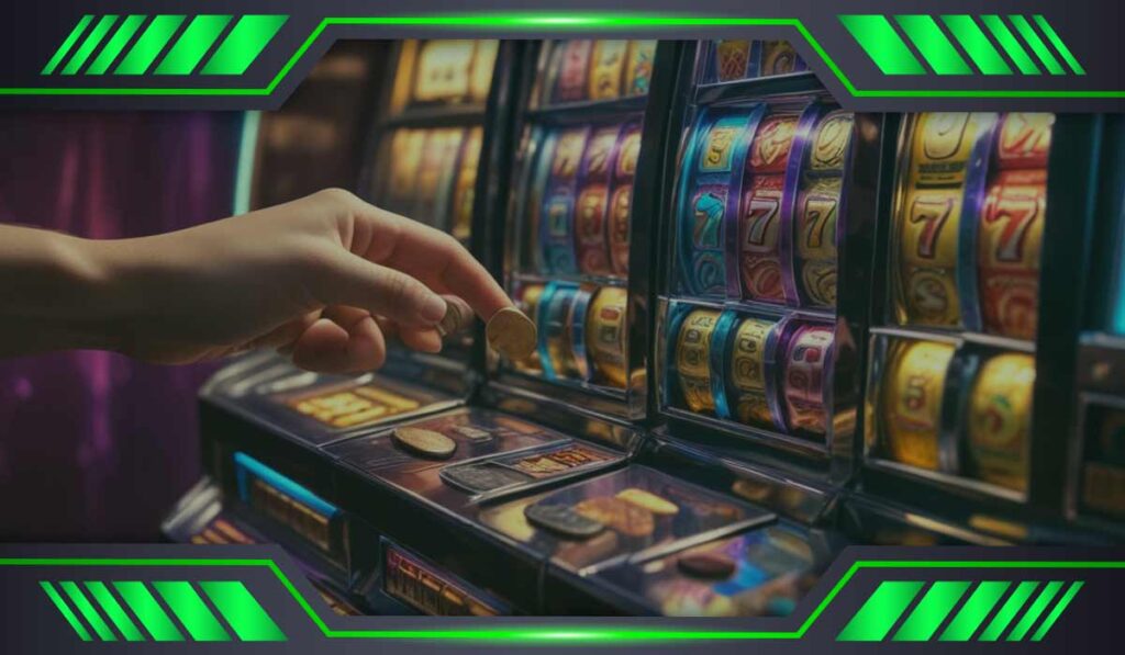 Person feeding coins into a slot machine, depicting the act of playing slots.