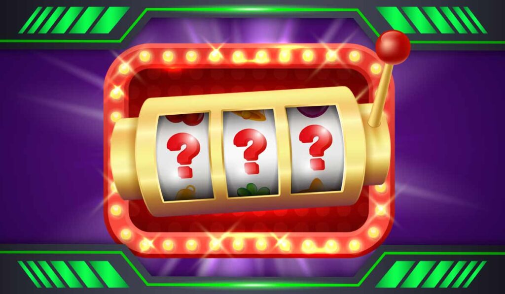 Slot machine with a question mark on the screen, symbolizing the element of chance involved in slots.