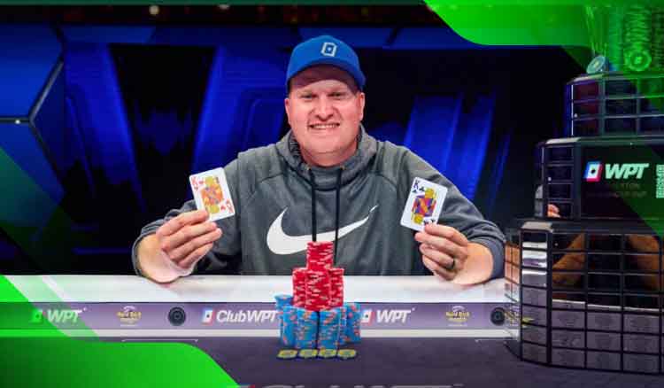 Smiling casino player holding cards, with a padlock symbol overlaid, suggesting the security and fairness provided by RNGs.