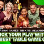 Casino chips stacked in front of a roulette wheel, blackjack table, and craps table, representing the different table games with odds comparison.